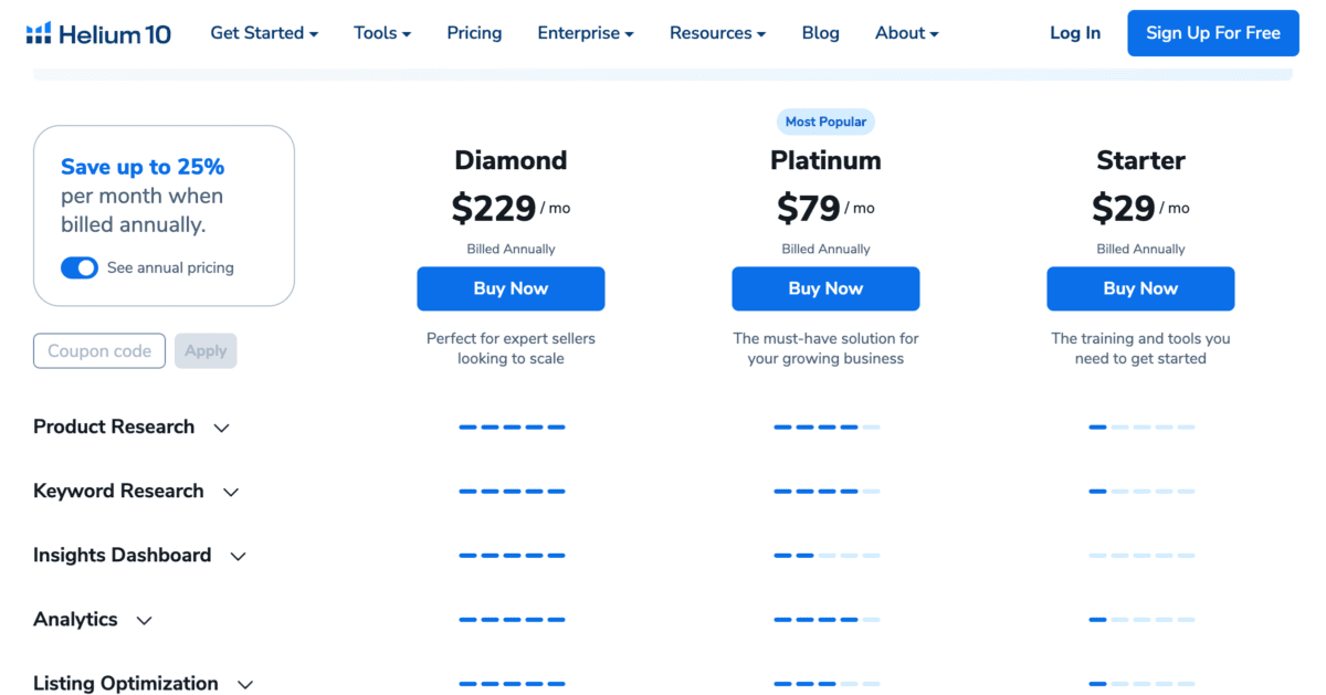 Helium 10 Pricing Plans